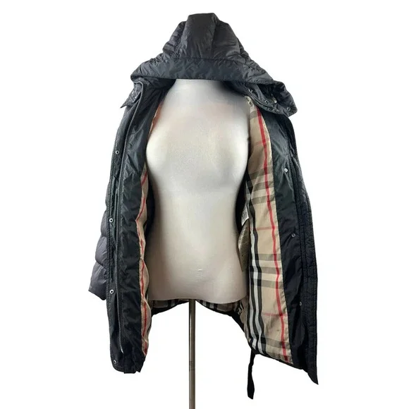 *Flawed Burberry Brit Down Puffer Jacket Coat Belted Hooded Quilted Black Size M - Picture 8 of 16